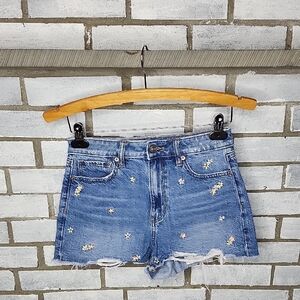American Eagle Women's Blue Embroidered Denim Jean Mom Shorts Size 2